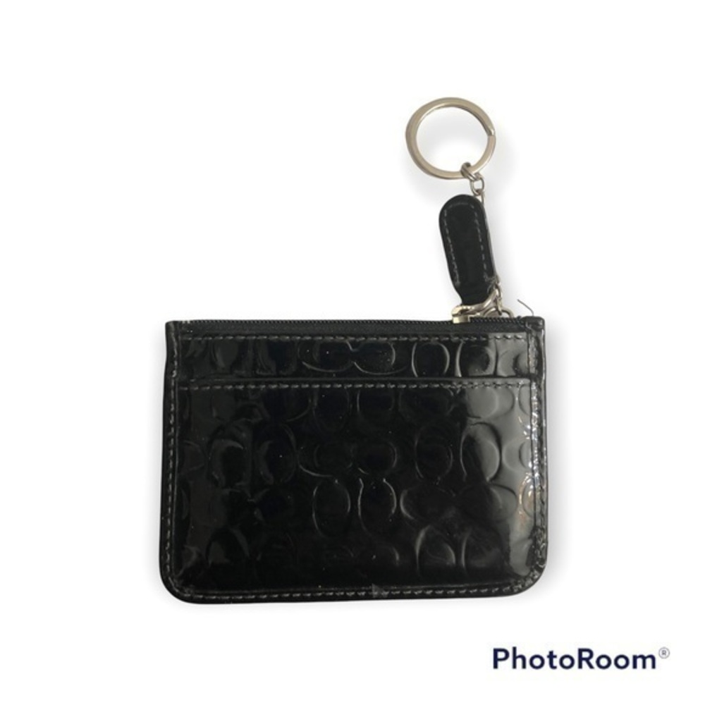 Coach black patent leather embossed card case coin holder keyring mini wallet